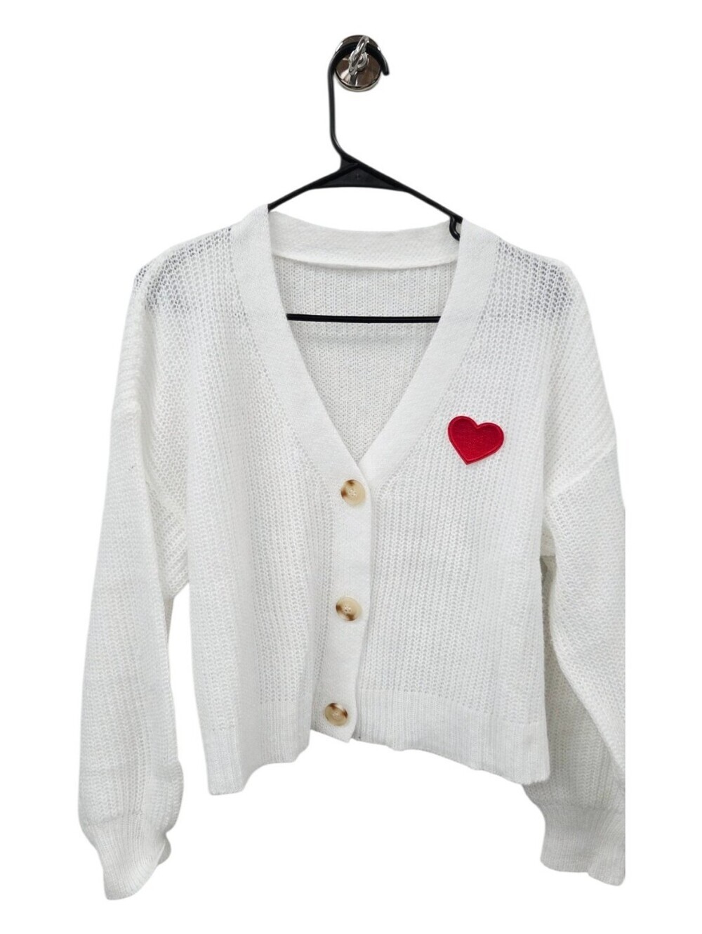 White V-Neck Button Cardigan with Red Heart Accent oversized medium